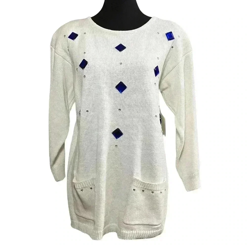 NWT Vintage Le Chois 80s White Rhinestone Beaded Sweater. Size Medium.